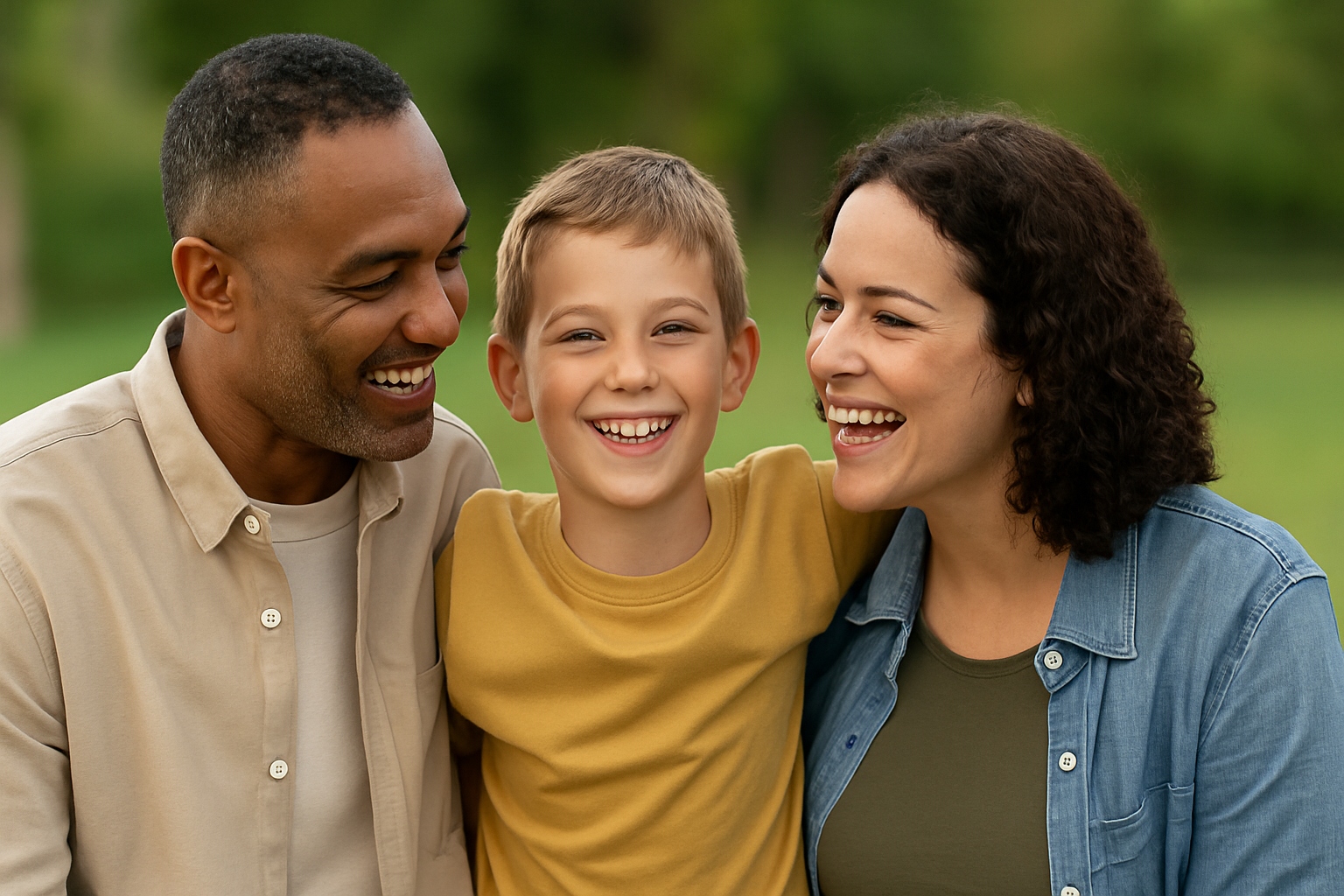 New foster carer smiling with foster child in field